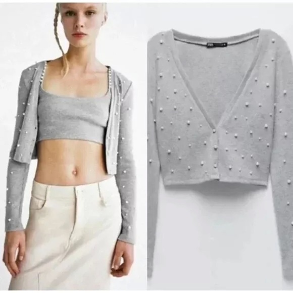 ZARA Gray Pearl Embellished Cardigan - Picture 1 of 6